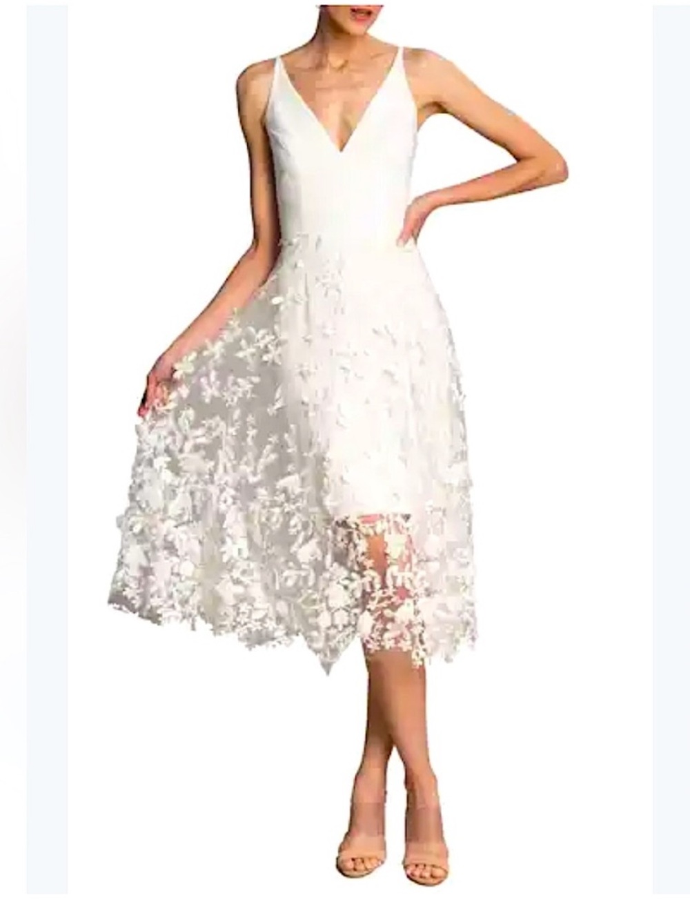 Dress the Population Audrey White 3D Floral Appliqué Midi Dress Size Medium